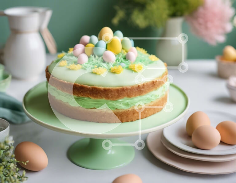 Σετ των 2 Intra Συλλεκτικό Ξύλινο Παζλ Plywood  4mm - Κέικ με θέμα το Πάσχα με πράσινο παγωμένο και λευκά αυγά σε πιάτο σε σχήμα αυγού Σε Ξύλινο Κουτί - Διαστάσεις: 10x10 cm – 25 κομμάτια