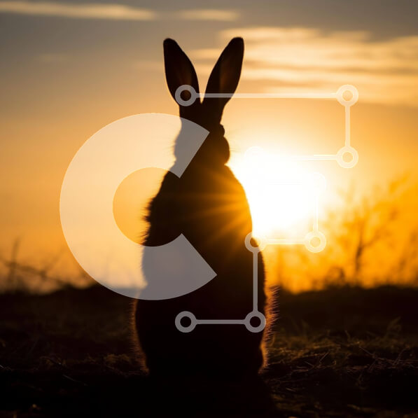 Intra Συλλεκτικό Ξύλινο Παζλ Plywood  4mm - Κουνέλι σκιαγραφημένο ενάντια στο ηλιοβασίλεμα σε ανοιχτό πεδίο Σε Ξύλινο Κουτί - Διαστάσεις: 10x10 cm – 25 κομμάτια