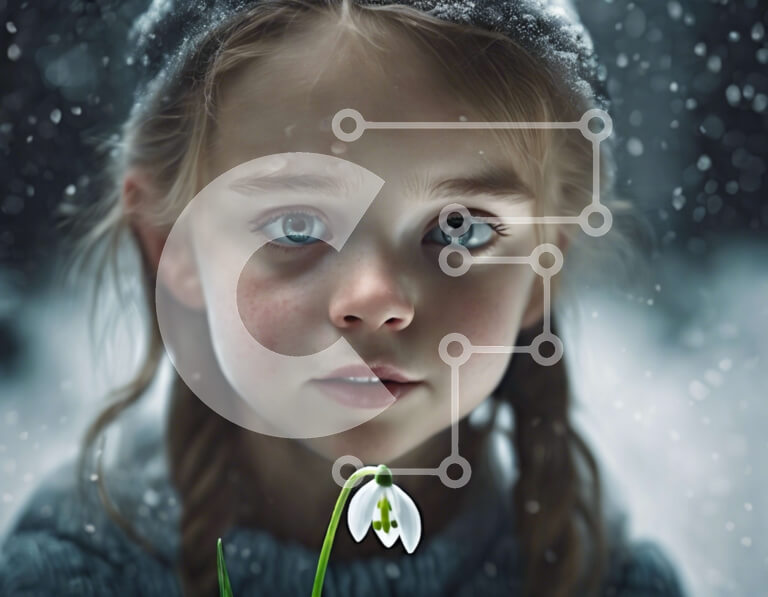 Intra Συλλεκτικό Ξύλινο Παζλ Plywood  4mm - Νεαρό κορίτσι με μπλε μάτια που κρατά ένα λουλούδι χιονοσταλίδας στο χιόνι Σε Ξύλινο Κουτί - Διαστάσεις Puzzle: 10x10 cm – 25 κομμάτια