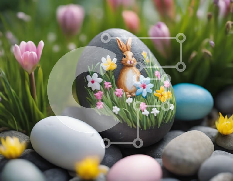 Intra Συλλεκτικό Ξύλινο Παζλ Plywood  4mm - Πασχαλινό λαγουδάκι σε ζωγραφισμένη πέτρα που περιβάλλεται από πολύχρωμα λουλούδια και βράχους Σε Ξύλινο Κουτί - Διαστάσεις Puzzle: 10x10 cm – 25 κομμάτια