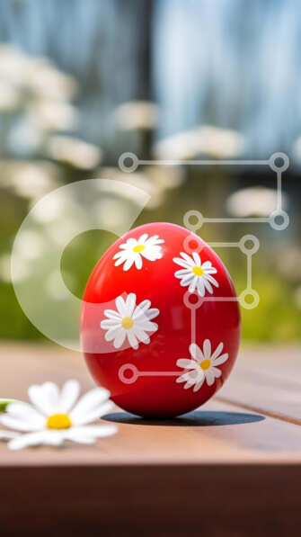 Intra Συλλεκτικό Ξύλινο Παζλ Plywood  4mm - Κόκκινο πασχαλινό αυγό με λευκές μαργαρίτες σε ξύλινο τραπέζι Σε Ξύλινο Κουτί - Διαστάσεις Puzzle: 10x10 cm – 25 κομμάτια