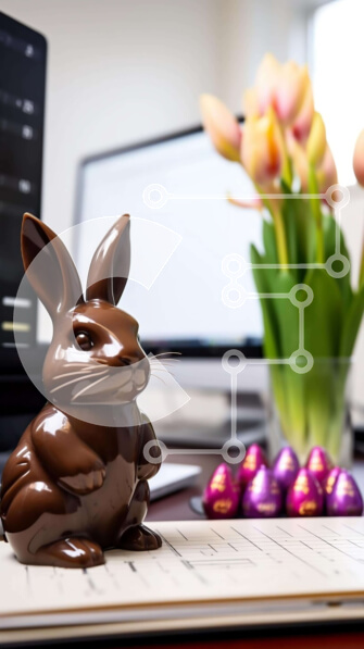 Intra Συλλεκτικό Ξύλινο Παζλ Plywood  4mm - Πασχαλινός χώρος εργασίας με σοκολατένιο λαγουδάκι και φορητό υπολογιστή Σε Ξύλινο Κουτί - Διαστάσεις Puzzle: 10x10 cm – 25 κομμάτια