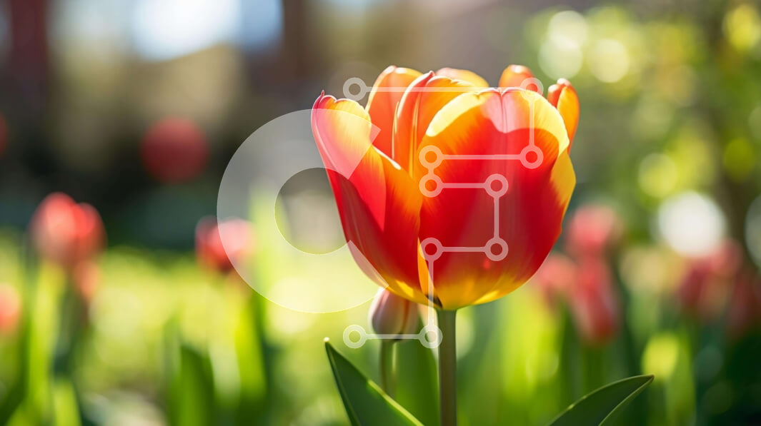 Intra Συλλεκτικό Ξύλινο Παζλ Plywood  4mm - Πορτοκαλί τουλίπα σε ένα χωράφι με κόκκινα και κίτρινα λουλούδια Σε Ξύλινο Κουτί - Διαστάσεις: 10x10 cm – 25 κομμάτια