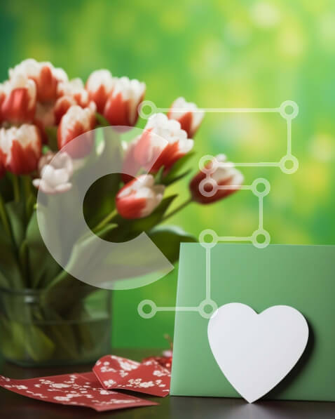 Intra Συλλεκτικό Ξύλινο Παζλ Plywood  4mm - Μπουκέτο με κόκκινες και λευκές τουλίπες με κάρτα σημειώσεων σε σχήμα καρδιάς Σε Ξύλινο Κουτί - Διαστάσεις Puzzle: 10x10 cm – 25 κομμάτια