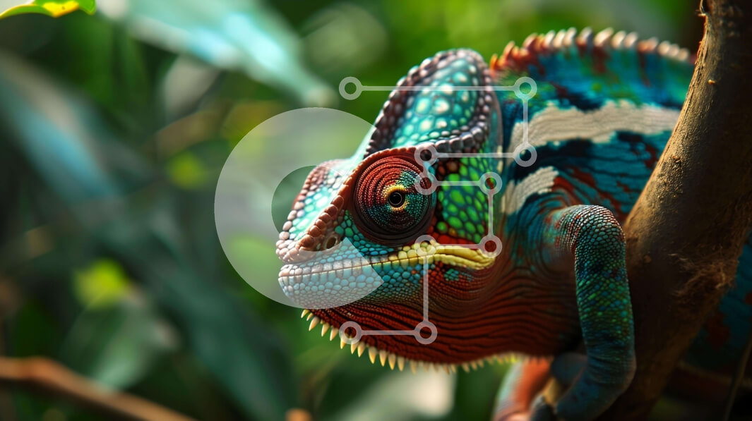 Σετ των 2 Intra Συλλεκτικό Ξύλινο Παζλ Plywood  4mm - Κοντινό πλάνο ενός πολύχρωμου χαμαιλέοντα που στηρίζεται σε ένα κλαδί βελανιδιάς Σε Ξύλινο Κουτί - Διαστάσεις: 10x10 cm – 25 κομμάτια