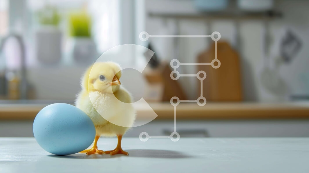 Intra Συλλεκτικό Ξύλινο Παζλ Plywood  4mm - Μικρό κίτρινο νεοσσό δίπλα στο μπλε αυγό στον πάγκο της κουζίνας Σε Ξύλινο Κουτί - Διαστάσεις: 10x10 cm – 25 κομμάτια