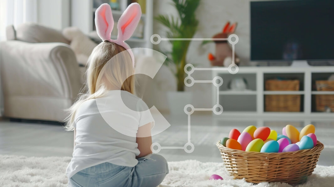 Intra Συλλεκτικό Ξύλινο Παζλ Plywood  4mm - Νεαρό κορίτσι με αυτιά λαγουδάκι και καλάθι πασχαλινών αυγών που περιβάλλεται από τηλεοράσεις Σε Ξύλινο Κουτί - Διαστάσεις: 10x10 cm – 25 κομμάτια