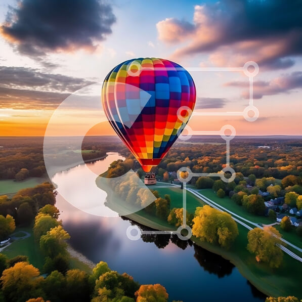 Intra Συλλεκτικό Ξύλινο Παζλ Plywood  4mm - Εντυπωσιακή εικόνα μπαλονιού ζεστού αέρα στο ηλιοβασίλεμα πάνω από το νερό Σε Ξύλινο Κουτί - Διαστάσεις Puzzle: 10x10 cm – 25 κομμάτια