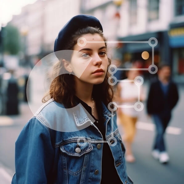 Intra Συλλεκτικό Ξύλινο Παζλ Plywood  4mm - Κομψή γυναίκα με τζιν μπουφάν και μπλε μπερέ που κοιτάζει στην απόσταση Σε Ξύλινο Κουτί - Διαστάσεις Puzzle: 10x10 cm – 25 κομμάτια