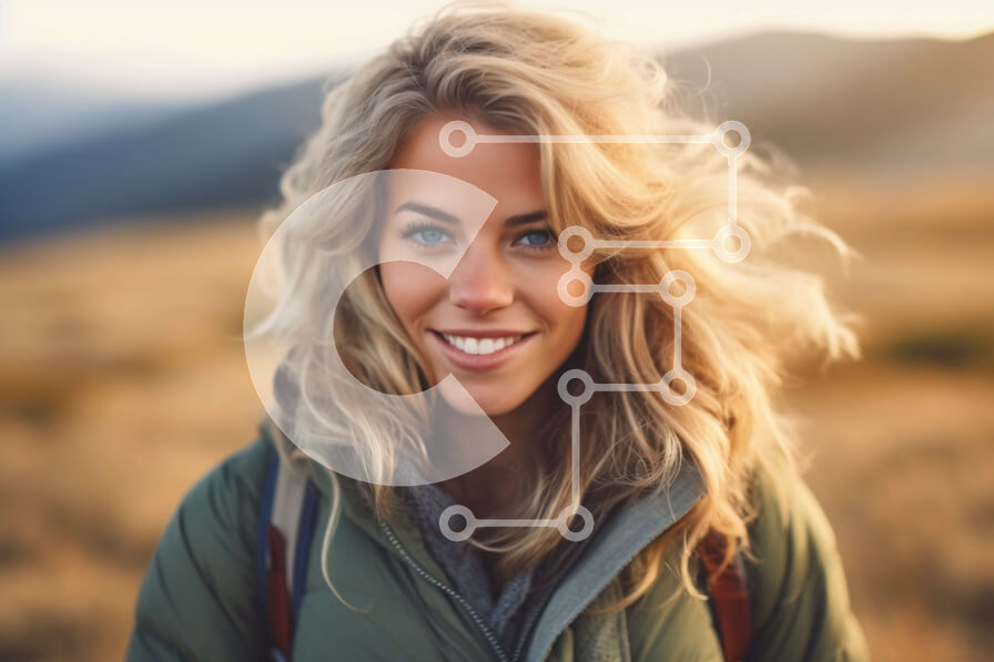 Intra Συλλεκτικό Ξύλινο Παζλ Plywood  4mm - Πορτρέτο μιας ευτυχισμένης γυναίκας σε ένα χωράφι με βουνά στο φόντο Σε Ξύλινο Κουτί - Διαστάσεις Puzzle: 10x10 cm – 25 κομμάτια