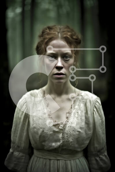 Σετ των 2 Intra Συλλεκτικό Ξύλινο Παζλ Plywood  4mm - Σοβαρή γυναίκα με λευκό φόρεμα στο σκοτεινό δάσος με κόκκινα μαλλιά Σε Ξύλινο Κουτί - Διαστάσεις: 10x10 cm – 25 κομμάτια