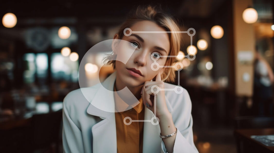 Intra Συλλεκτικό Ξύλινο Παζλ Plywood  4mm - Στοχαστική γυναίκα με λευκό σακάκι και κίτρινο πουκάμισο στο εστιατόριο Dimly Lit Σε Ξύλινο Κουτί - Διαστάσεις Puzzle: 10x10 cm – 25 κομμάτια