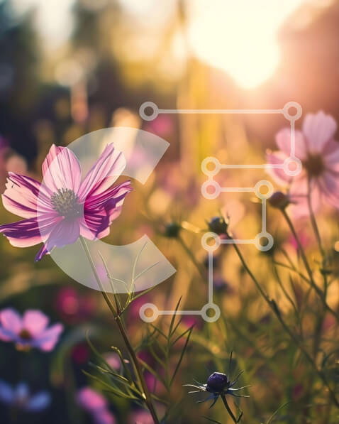 Intra Συλλεκτικό Ξύλινο Παζλ Plywood  4mm - Πεδίο με ροζ και μοβ λουλούδια στο ηλιοβασίλεμα Σε Ξύλινο Κουτί - Διαστάσεις: 10x10 cm – 25 κομμάτια