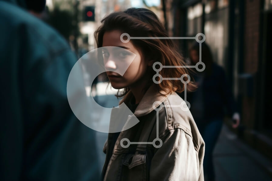 Intra Συλλεκτικό Ξύλινο Παζλ Plywood  4mm - Σοβαρή νεαρή γυναίκα βαθιά στη σκέψη ενώ στέκεται στο πεζοδρόμιο Σε Ξύλινο Κουτί - Διαστάσεις Puzzle: 10x10 cm – 25 κομμάτια