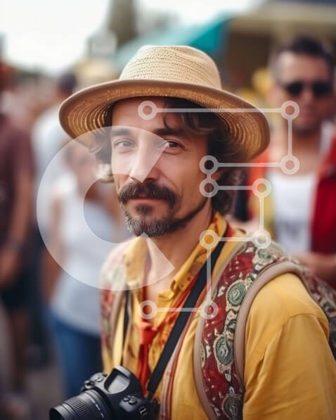 Intra Συλλεκτικό Ξύλινο Παζλ Plywood  4mm - Πορτρέτο ενός άνδρα με ένα κίτρινο πουκάμισο με μια κάμερα μπροστά από ένα πλήθος Σε Ξύλινο Κουτί - Διαστάσεις Puzzle: 10x10 cm – 25 κομμάτια