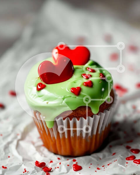 Σετ των 2 Intra Συλλεκτικό Ξύλινο Παζλ Plywood  4mm - Cupcake με πράσινο παγωμένο και κόκκινες καρδιές στη Λευκή Βίβλο Σε Ξύλινο Κουτί - Διαστάσεις: 10x10 cm – 25 κομμάτια