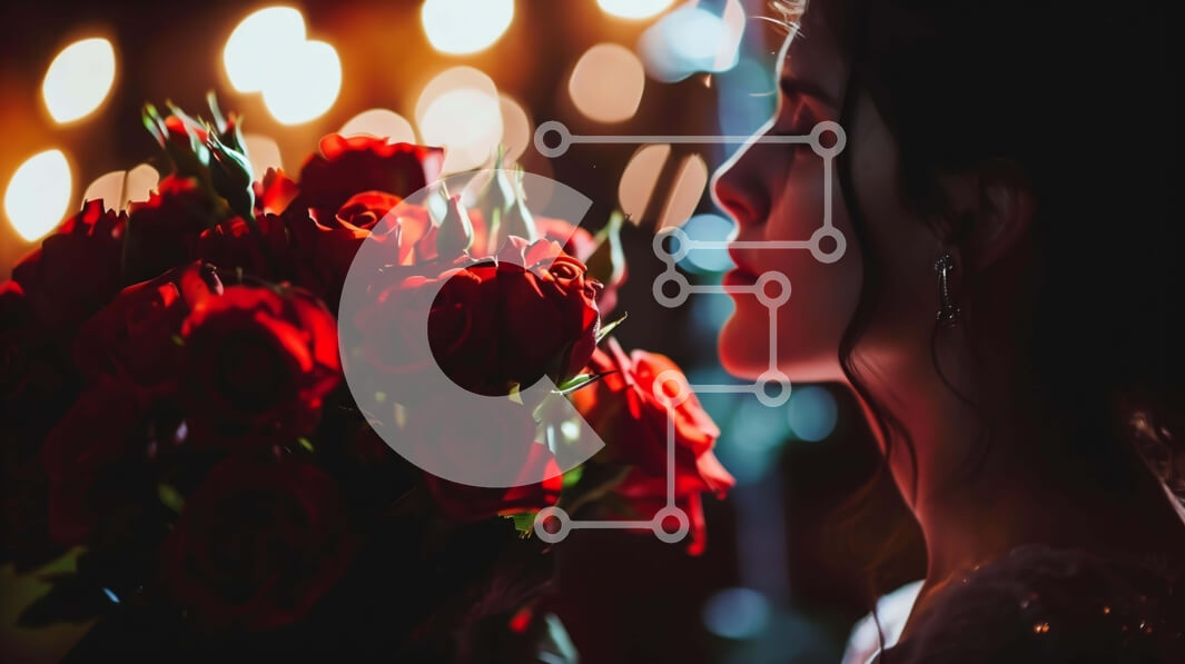 Intra Συλλεκτικό Ξύλινο Παζλ Plywood  4mm - Ρομαντική γυναίκα με κόκκινα τριαντάφυλλα μπροστά από φωτισμένο φόντο Σε Ξύλινο Κουτί - Διαστάσεις Puzzle: 10x10 cm – 25 κομμάτια