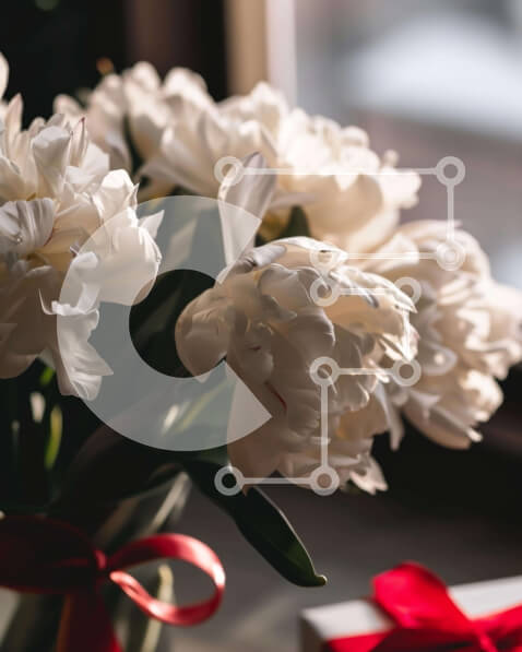 Intra Συλλεκτικό Ξύλινο Παζλ Plywood  4mm - Γυάλινο βάζο με λευκά λουλούδια από ανοιχτό παράθυρο και κόκκινη κορδέλα Σε Ξύλινο Κουτί - Διαστάσεις Puzzle: 10x10 cm – 25 κομμάτια