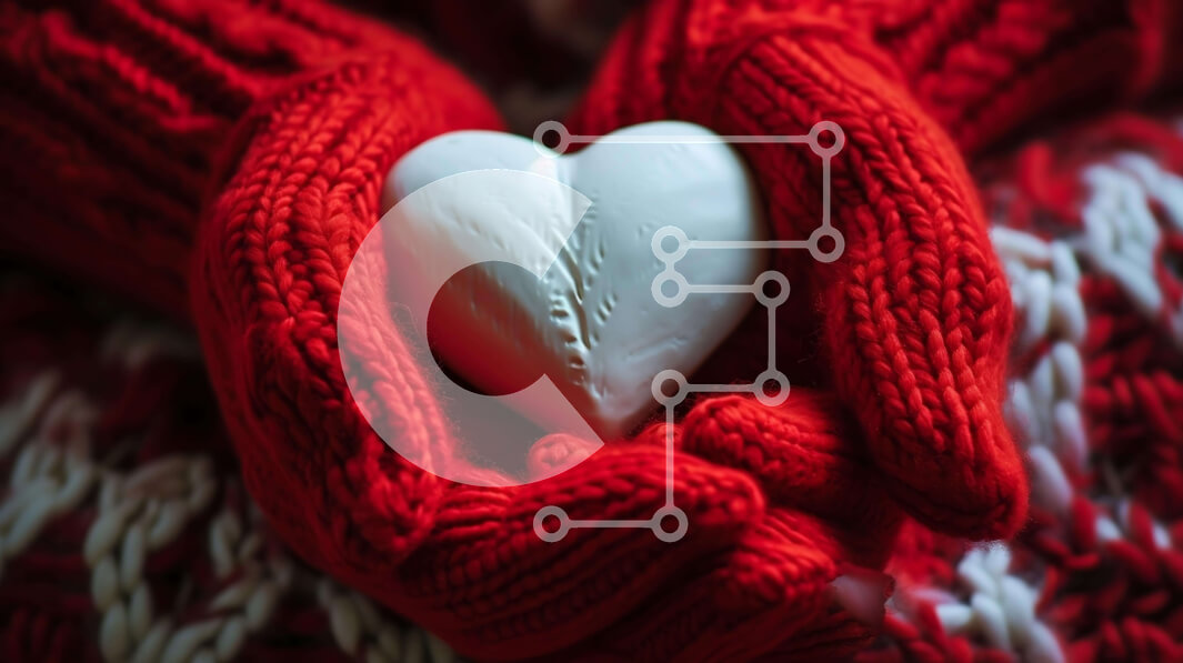 Intra Συλλεκτικό Ξύλινο Παζλ Plywood  4mm - Χέρια που κρατούν αντικείμενο σε σχήμα καρδιάς σε κόκκινα πλεκτά γάντια Σε Ξύλινο Κουτί - Διαστάσεις Puzzle: 10x10 cm – 25 κομμάτια