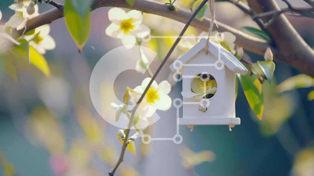 Intra Συλλεκτικό Ξύλινο Παζλ Plywood  4mm - Σπιτάκι πουλιών που κρέμεται από κλαδί δέντρου με λευκά λουλούδια και κίτρινα φύλλα Σε Ξύλινο Κουτί - Διαστάσεις: 10x10 cm – 25 κομμάτια