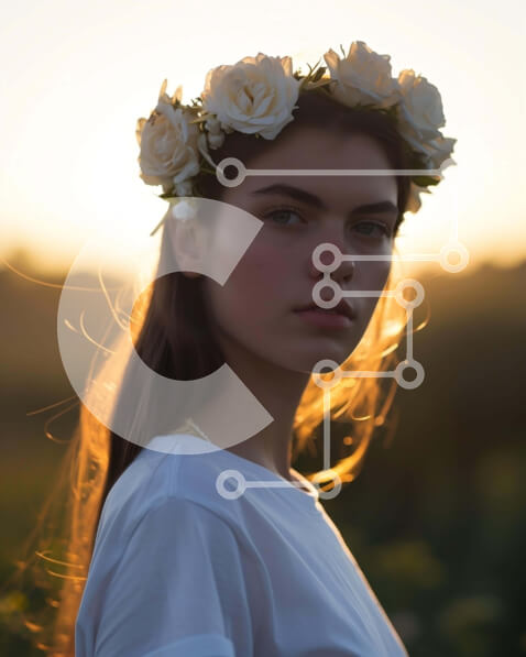 Intra Συλλεκτικό Ξύλινο Παζλ Plywood  4mm - Κομψή γυναίκα με floral στέμμα στο ηλιοβασίλεμα Σε Ξύλινο Κουτί - Διαστάσεις Puzzle: 10x10 cm – 25 κομμάτια