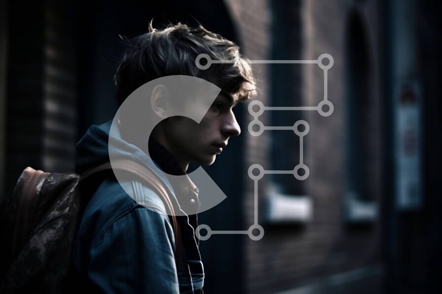 Intra Συλλεκτικό Ξύλινο Παζλ Plywood  4mm - Νεαρός άνδρας με τζιν μπουφάν και σακίδιο πλάτης που στέκεται μπροστά από τον τοίχο από τούβλα Σε Ξύλινο Κουτί - Διαστάσεις Puzzle: 10x10 cm – 25 κομμάτια