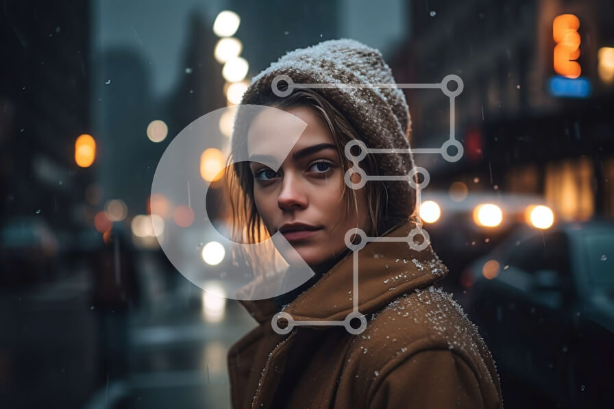 Intra Συλλεκτικό Ξύλινο Παζλ Plywood  4mm - Συλλογισμένη γυναίκα με καφέ παλτό και Beanie που στέκεται στην οδό Rainy City Σε Ξύλινο Κουτί - Διαστάσεις Puzzle: 10x10 cm – 25 κομμάτια