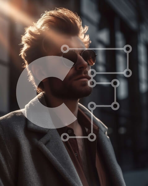 Intra Συλλεκτικό Ξύλινο Παζλ Plywood  4mm - Κομψός άνδρας με γκρι παλτό και γυαλιά ηλίου που απολαμβάνει το ηλιοβασίλεμα στην City Street Σε Ξύλινο Κουτί - Διαστάσεις Puzzle: 10x10 cm – 25 κομμάτια