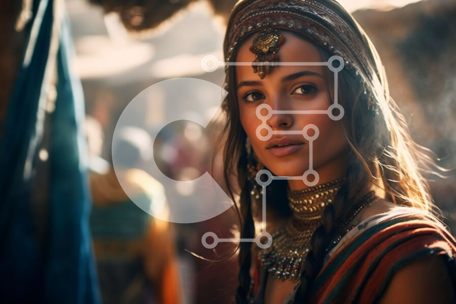 Intra Συλλεκτικό Ξύλινο Παζλ Plywood  4mm - Σοβαρή γυναίκα με φυλετική στολή που στέκεται στην αγορά Σε Ξύλινο Κουτί - Διαστάσεις Puzzle: 10x10 cm – 25 κομμάτια