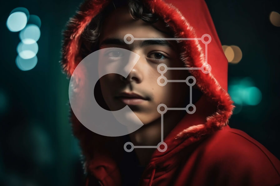 Intra Συλλεκτικό Ξύλινο Παζλ Plywood  4mm - Νεαρό άτομο με κόκκινο κουκούλα με φώτα Bokeh Σε Ξύλινο Κουτί - Διαστάσεις Puzzle: 10x10 cm – 25 κομμάτια