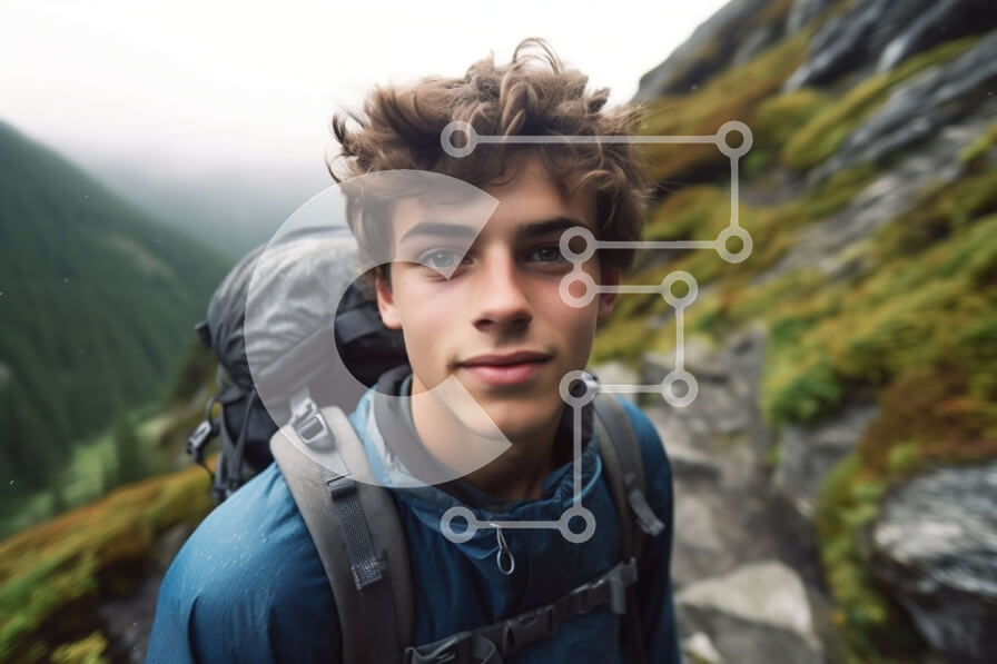 Intra Συλλεκτικό Ξύλινο Παζλ Plywood  4mm - Σοβαρός νεαρός άνδρας σε μονοπάτι Rocky Mountain με ένα σακίδιο Σε Ξύλινο Κουτί - Διαστάσεις: 10x10 cm – 25 κομμάτια