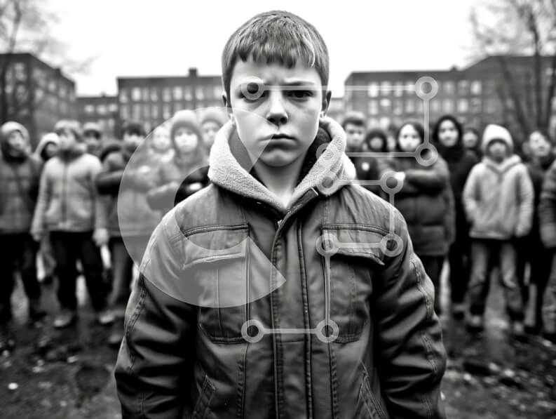 Intra Συλλεκτικό Ξύλινο Παζλ Plywood  4mm - Σοβαρή εικόνα του νεαρού αγοριού με μαύρο κουκούλα που στέκεται μπροστά από μια ομάδα ανθρώπων Σε Ξύλινο Κουτί - Διαστάσεις Puzzle: 10x10 cm – 25 κομμάτια