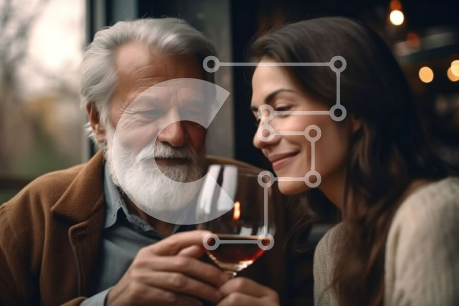 Intra Συλλεκτικό Ξύλινο Παζλ Plywood  4mm - Ευτυχισμένο ηλικιωμένο ζευγάρι που πίνει κρασί στο εστιατόριο Σε Ξύλινο Κουτί - Διαστάσεις Puzzle: 10x10 cm – 25 κομμάτια