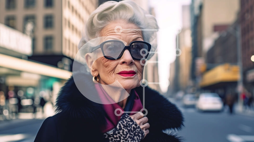 Intra Συλλεκτικό Ξύλινο Παζλ Plywood  4mm - Πορτρέτο μιας ηλικιωμένης γυναίκας σε έναν δρόμο της πόλης που φορά ένα κασκόλ και γυαλιά ηλίου Σε Ξύλινο Κουτί - Διαστάσεις Puzzle: 10x10 cm – 25 κομμάτια