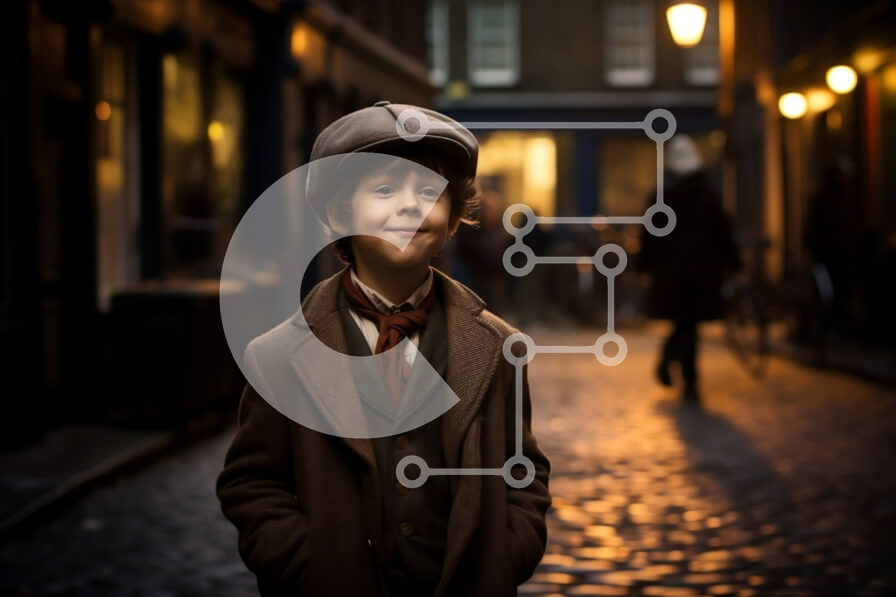 Intra Συλλεκτικό Ξύλινο Παζλ Plywood  4mm - Σοβαρό νεαρό αγόρι που στέκεται στην οδό Cobblestone Σε Ξύλινο Κουτί - Διαστάσεις Puzzle: 10x10 cm – 25 κομμάτια