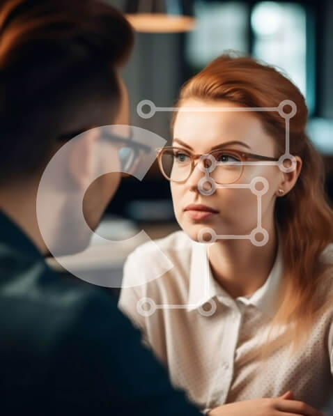 Intra Συλλεκτικό Ξύλινο Παζλ Plywood  4mm - Σοβαρή συνομιλία μεταξύ νεαρής γυναίκας και άνδρα σε αμυδρά φωτισμένο δωμάτιο Σε Ξύλινο Κουτί - Διαστάσεις Puzzle: 10x10 cm – 25 κομμάτια