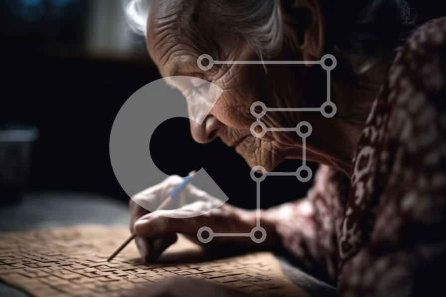 Intra Συλλεκτικό Ξύλινο Παζλ Plywood  4mm - Ασπρόμαυρη εικόνα της ηλικιωμένης γυναίκας που σχεδιάζει με μολύβι Σε Ξύλινο Κουτί - Διαστάσεις Puzzle: 10x10 cm – 25 κομμάτια