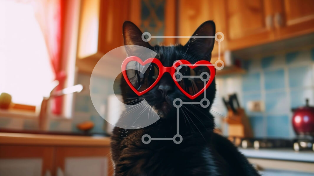 Σετ των 2 Intra Συλλεκτικό Ξύλινο Παζλ Plywood  4mm - Μαύρη γάτα με κόκκινα γυαλιά ηλίου σε σχήμα καρδιάς στην κουζίνα Σε Ξύλινο Κουτί - Διαστάσεις: 10x10 cm – 25 κομμάτια