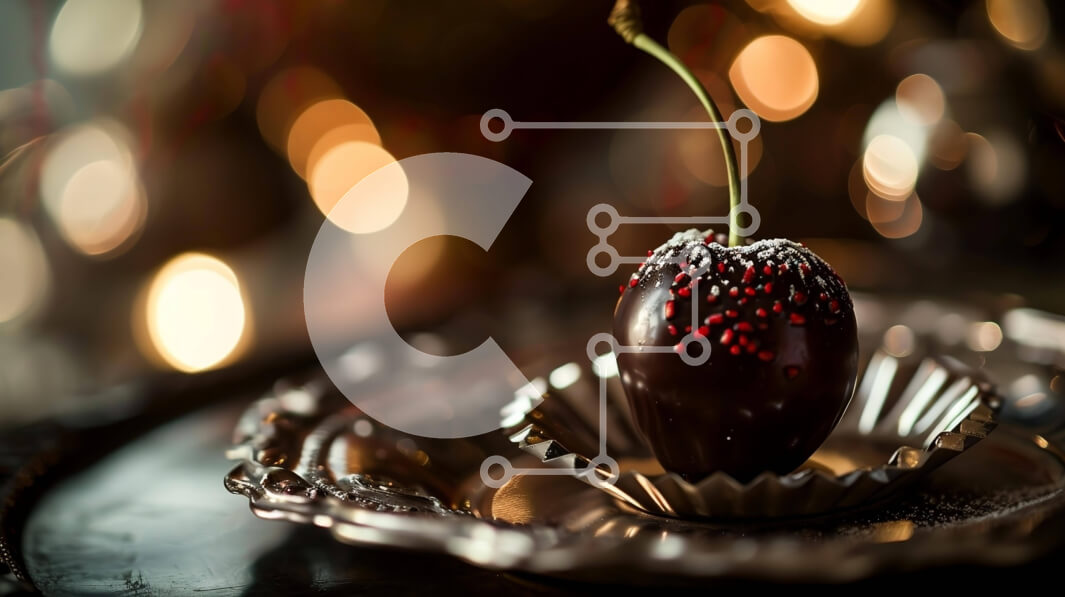 Σετ των 2 Intra Συλλεκτικό Ξύλινο Παζλ Plywood  4mm - Μαύρη σοκολάτα κεράσι σε ασημένιο πιάτο με φώτα Bokeh Σε Ξύλινο Κουτί - Διαστάσεις: 10x10 cm – 25 κομμάτια