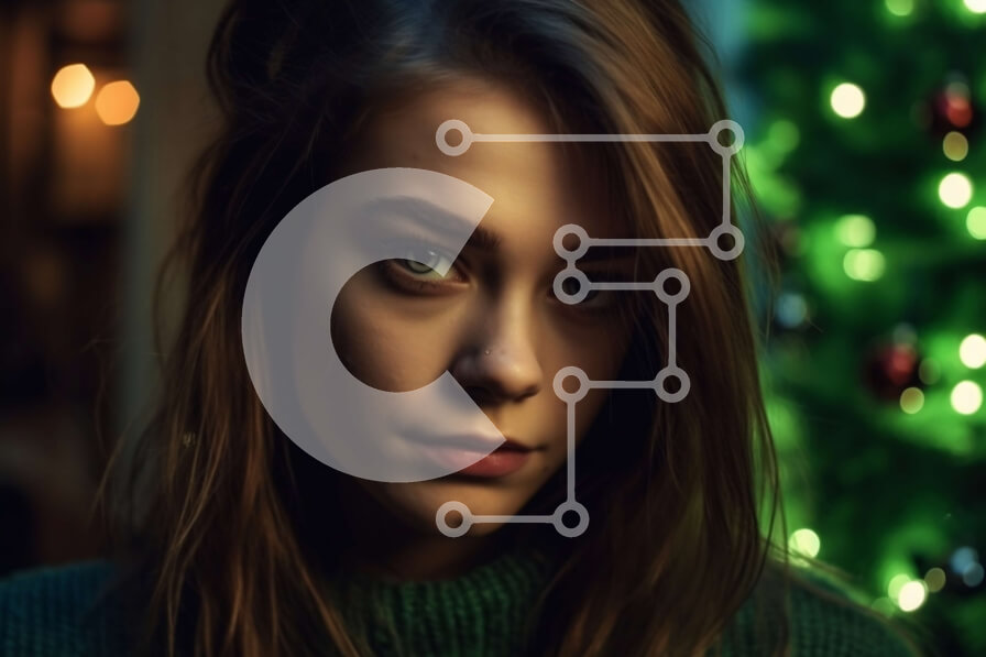 Intra Συλλεκτικό Ξύλινο Παζλ Plywood  4mm - Περίοδος διακοπών: Γυναίκα με πράσινο πουλόβερ ποζάρει με χριστουγεννιάτικο δέντρο Σε Ξύλινο Κουτί - Διαστάσεις: 10x10 cm – 25 κομμάτια