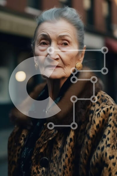 Intra Συλλεκτικό Ξύλινο Παζλ Plywood  4mm - Ηλικιωμένη γυναίκα με λεοπάρ παλτό στέκεται περήφανη στην οδό City Σε Ξύλινο Κουτί - Διαστάσεις Puzzle: 10x10 cm – 25 κομμάτια