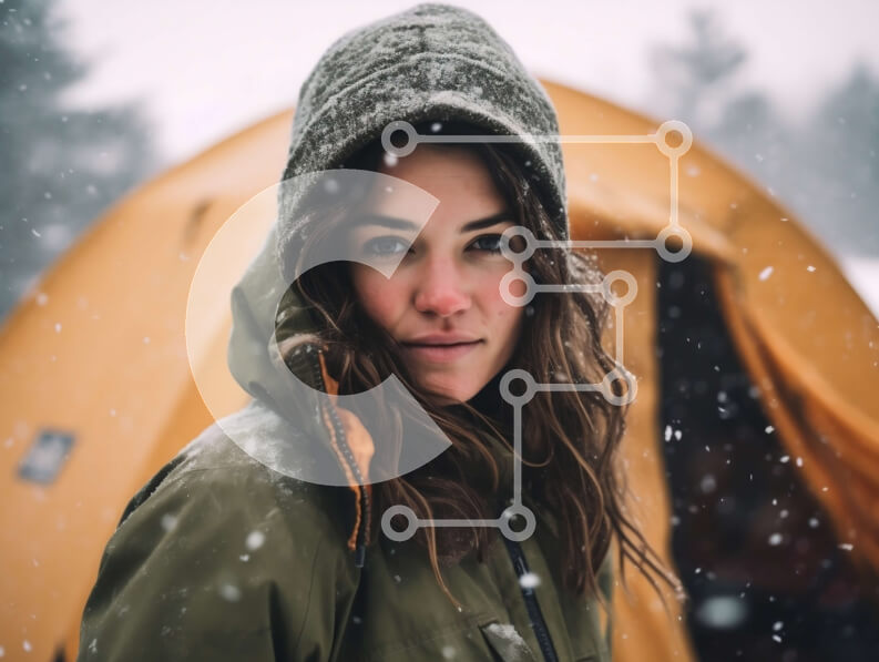 Intra Συλλεκτικό Ξύλινο Παζλ Plywood  4mm - Εκπληκτική φωτογραφία γυναίκας με πράσινο σακάκι και κίτρινο κουκούλα μπροστά από μια σκηνή στο χιόνι Σε Ξύλινο Κουτί - Διαστάσεις: 10x10 cm – 25 κομμάτια