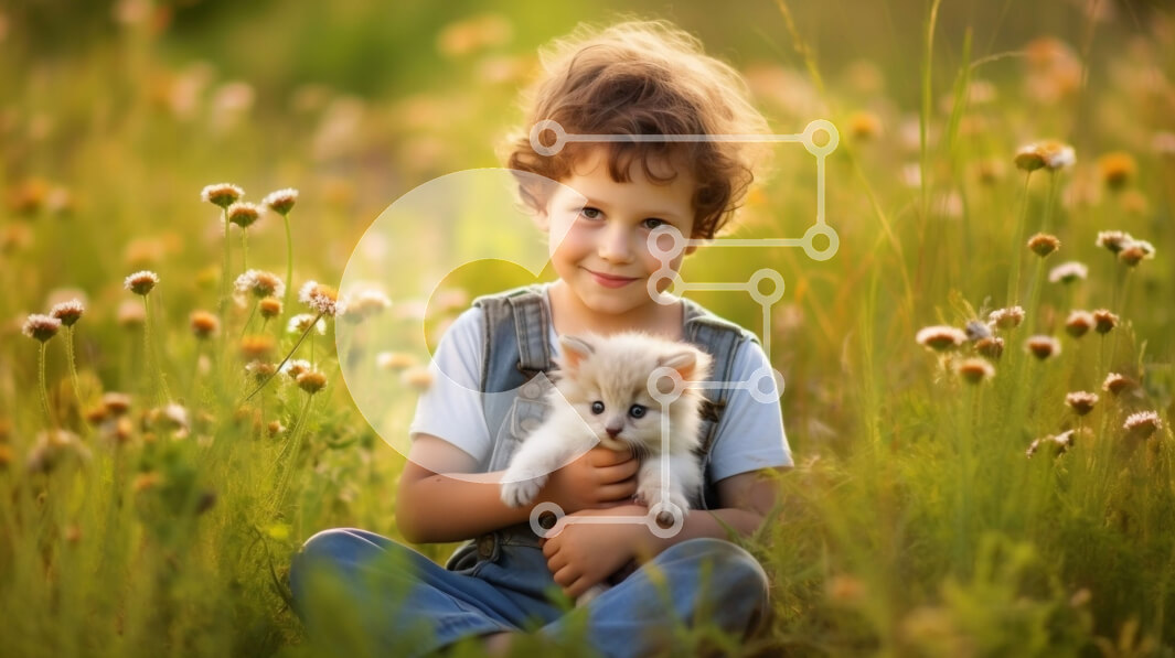 Intra Συλλεκτικό Ξύλινο Παζλ Plywood  4mm - Ειρηνική εικόνα ενός αγοριού και μιας γατούλας σε ένα χωράφι Σε Ξύλινο Κουτί - Διαστάσεις Puzzle: 10x10 cm – 25 κομμάτια