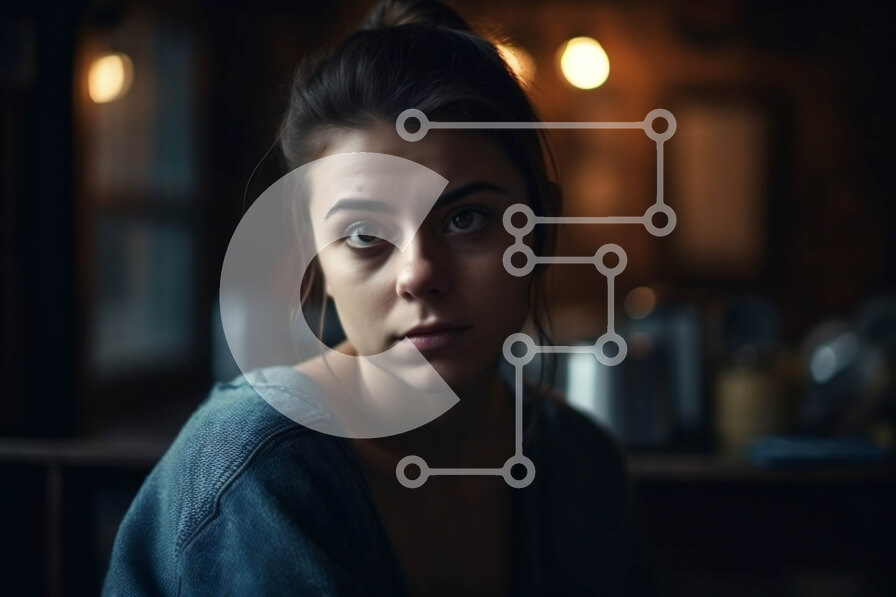 Intra Συλλεκτικό Ξύλινο Παζλ Plywood  4mm - Στοχαστική νεαρή γυναίκα με μπλε πουκάμισο που κάθεται σε αμυδρά φωτισμένο δωμάτιο Σε Ξύλινο Κουτί - Διαστάσεις Puzzle: 10x10 cm – 25 κομμάτια