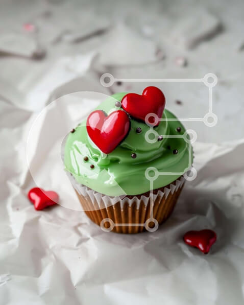 Σετ των 2 Intra Συλλεκτικό Ξύλινο Παζλ Plywood  4mm - Πράσινο παγωμένο cupcake με κόκκινες καρδιές σε τσαλακωμένο χαρτί Σε Ξύλινο Κουτί - Διαστάσεις: 10x10 cm – 25 κομμάτια