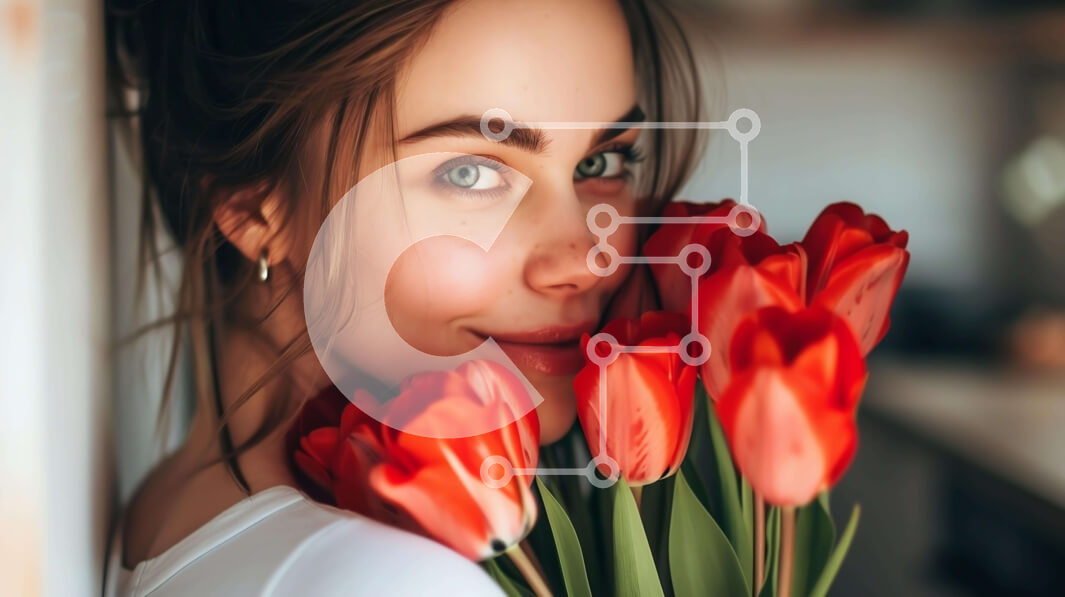 Intra Συλλεκτικό Ξύλινο Παζλ Plywood  4mm - Ευτυχισμένη νεαρή γυναίκα με τις κόκκινες τουλίπες Σε Ξύλινο Κουτί - Διαστάσεις Puzzle: 10x10 cm – 25 κομμάτια