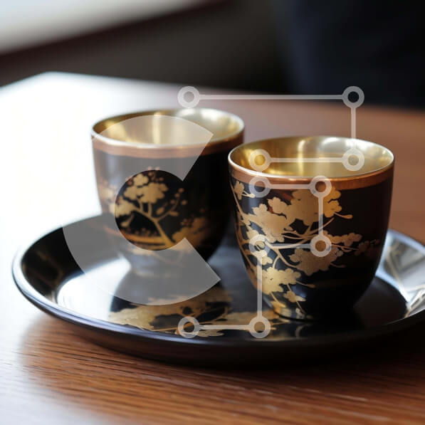 Σετ των 2 Intra Συλλεκτικό Ξύλινο Παζλ Plywood  4mm - Κομψά μαύρα και χρυσά κύπελλα στο δίσκο Σε Ξύλινο Κουτί - Διαστάσεις: 10x10 cm – 25 κομμάτια