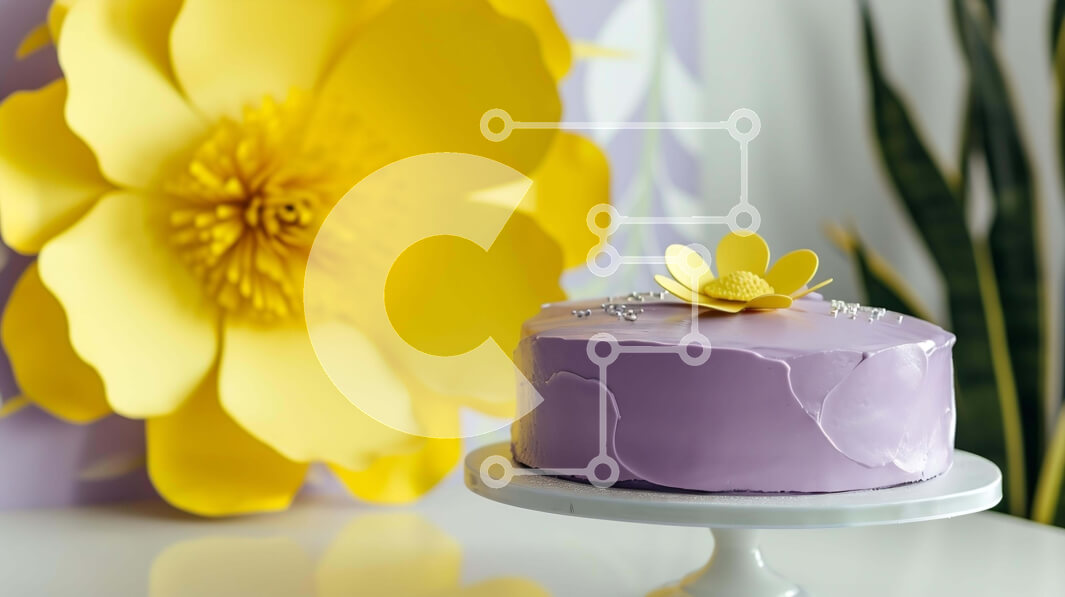 Σετ των 2 Intra Συλλεκτικό Ξύλινο Παζλ Plywood  4mm - Μικρό πορφυρό κέικ σε λευκό βάθρο με φόντο κίτρινο λουλούδι Σε Ξύλινο Κουτί - Διαστάσεις: 10x10 cm – 25 κομμάτια