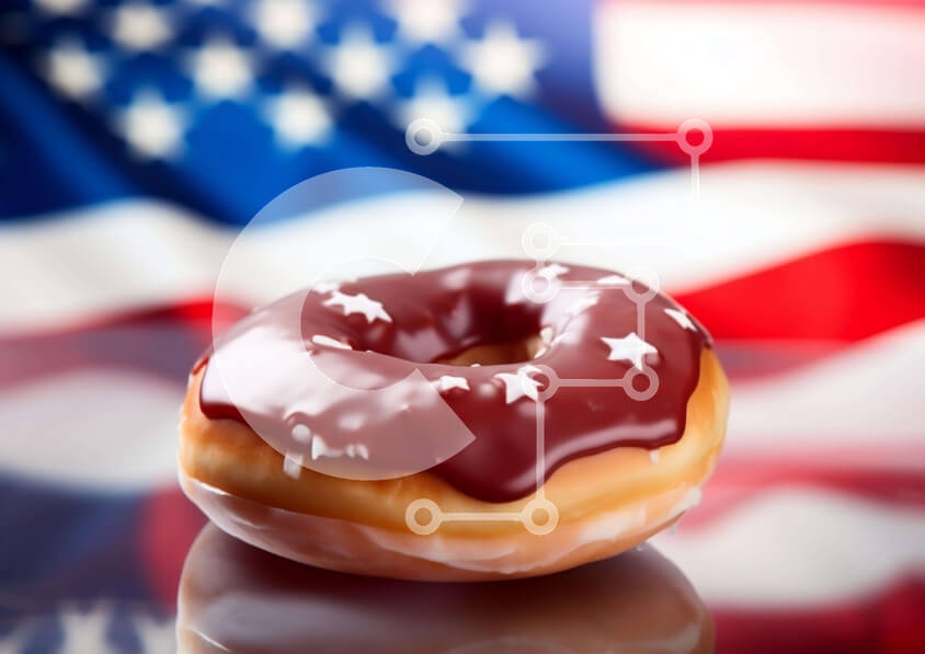 Σετ των 2 Intra Συλλεκτικό Ξύλινο Παζλ Plywood  4mm - Σοκολάτα παγωμένο ντόνατ με φόντο αμερικανική σημαία Σε Ξύλινο Κουτί - Διαστάσεις: 10x10 cm – 25 κομμάτια