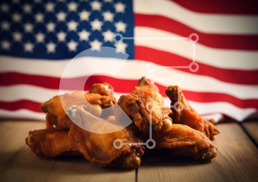 Σετ των 2 Intra Συλλεκτικό Ξύλινο Παζλ Plywood  4mm - Νόστιμα φτερά κοτόπουλου σε ξύλινο τραπέζι με φόντο αμερικανικής σημαίας Σε Ξύλινο Κουτί - Διαστάσεις: 10x10 cm – 25 κομμάτια